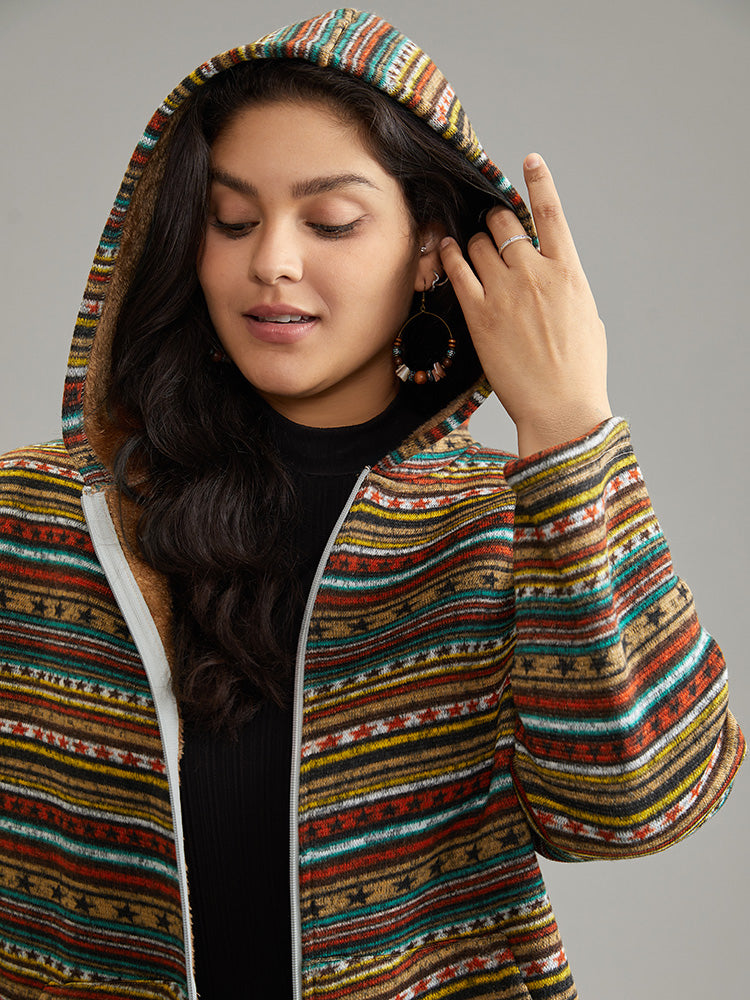 Geometric Bandana Fluffy Hooded Zipper Jacket