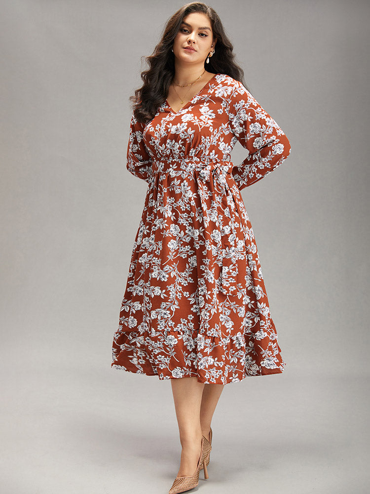 Floral Print Elastic Cuffs Ruffle Hem Dress