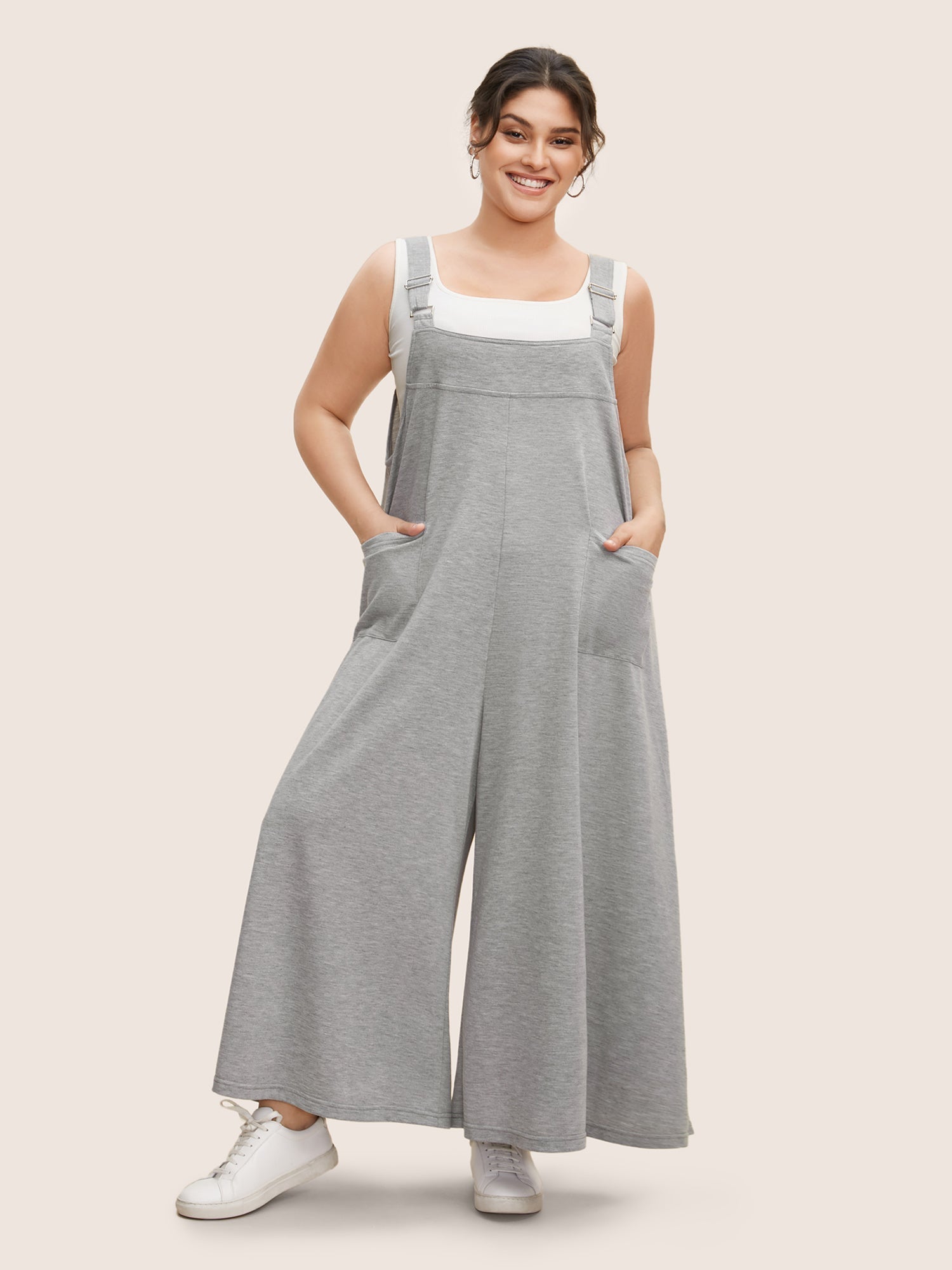 Solid Heather Patched Pocket Wide Leg Jumpsuit