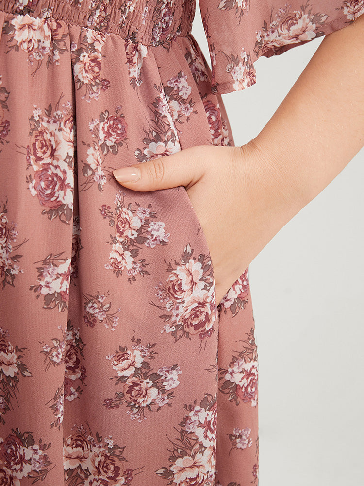 Floral Print V Neck Shirred Pocket Ruffle Dress