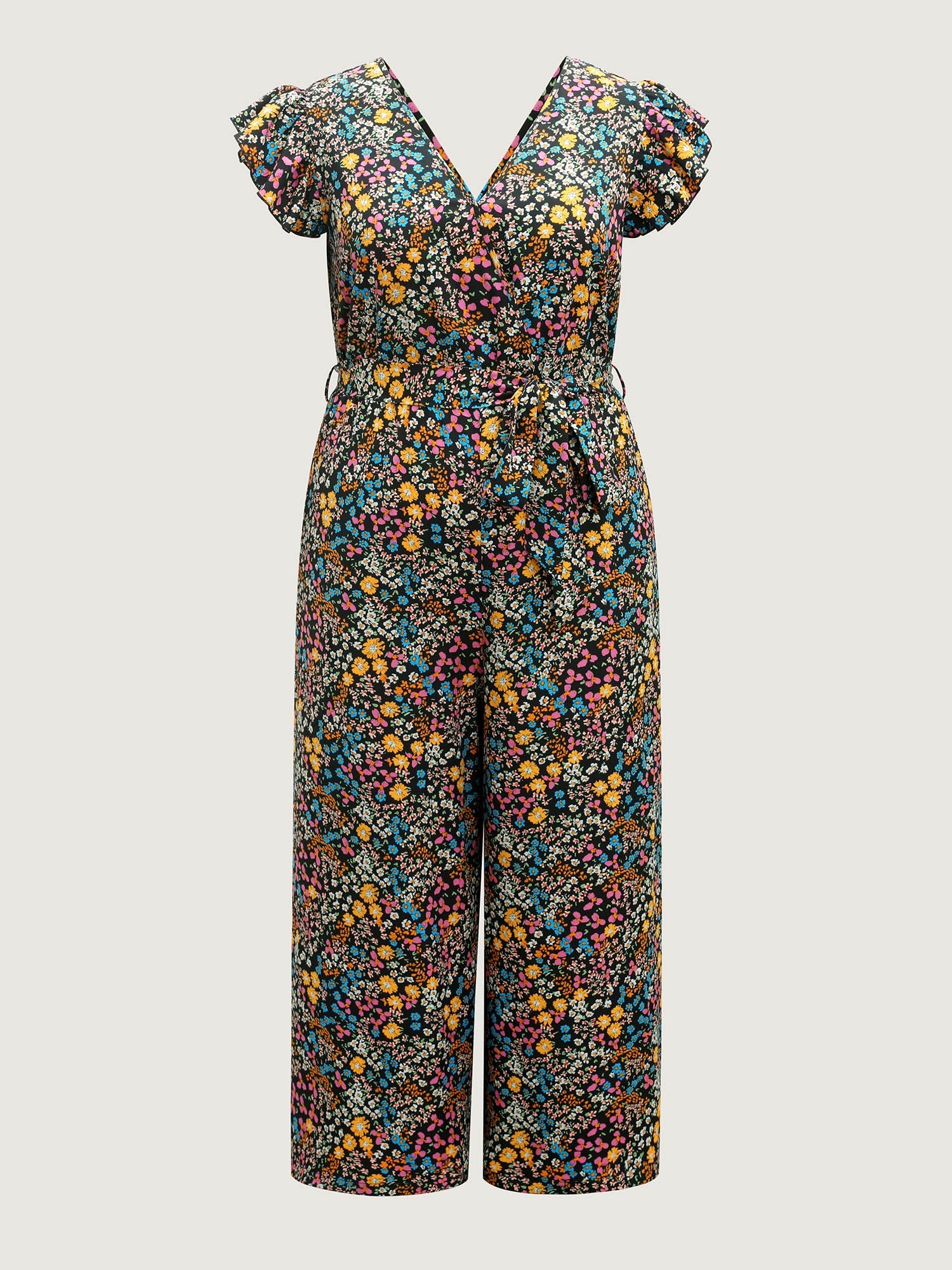 Floral Print Belted Ruffled Sleeve Jumpsuit