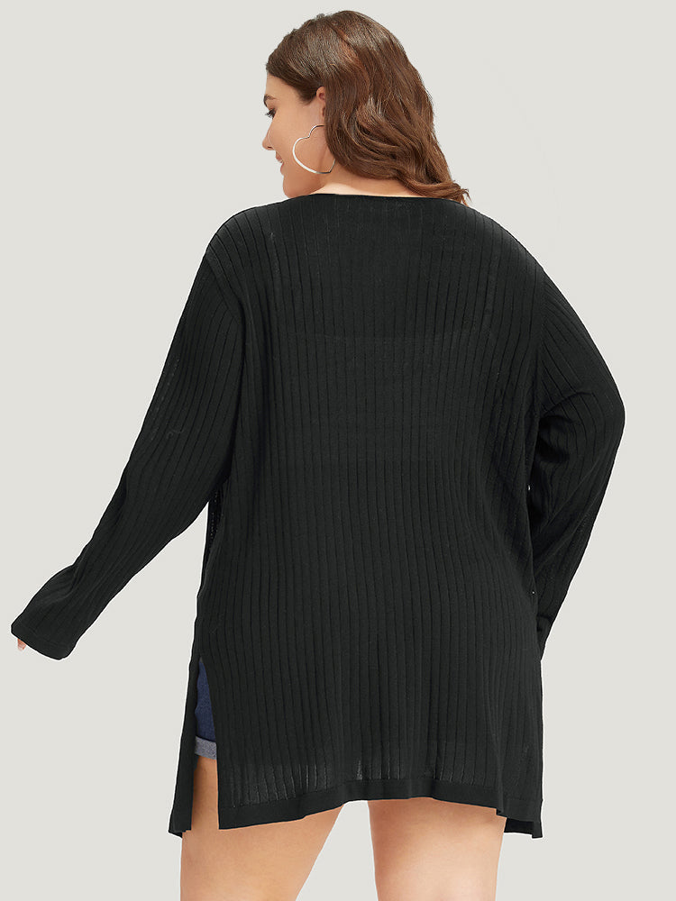 Solid Rib Knit Pocket Lightweight Tunic Cardigan