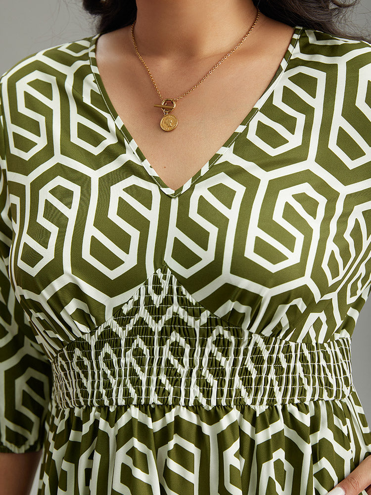 Geometric Print V Neck Shirred Dress