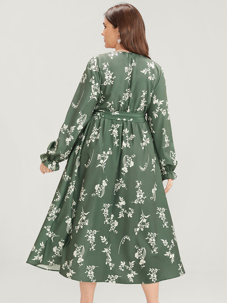Floral Wrap Pocket Lantern Sleeve Belted Ruffle Dress