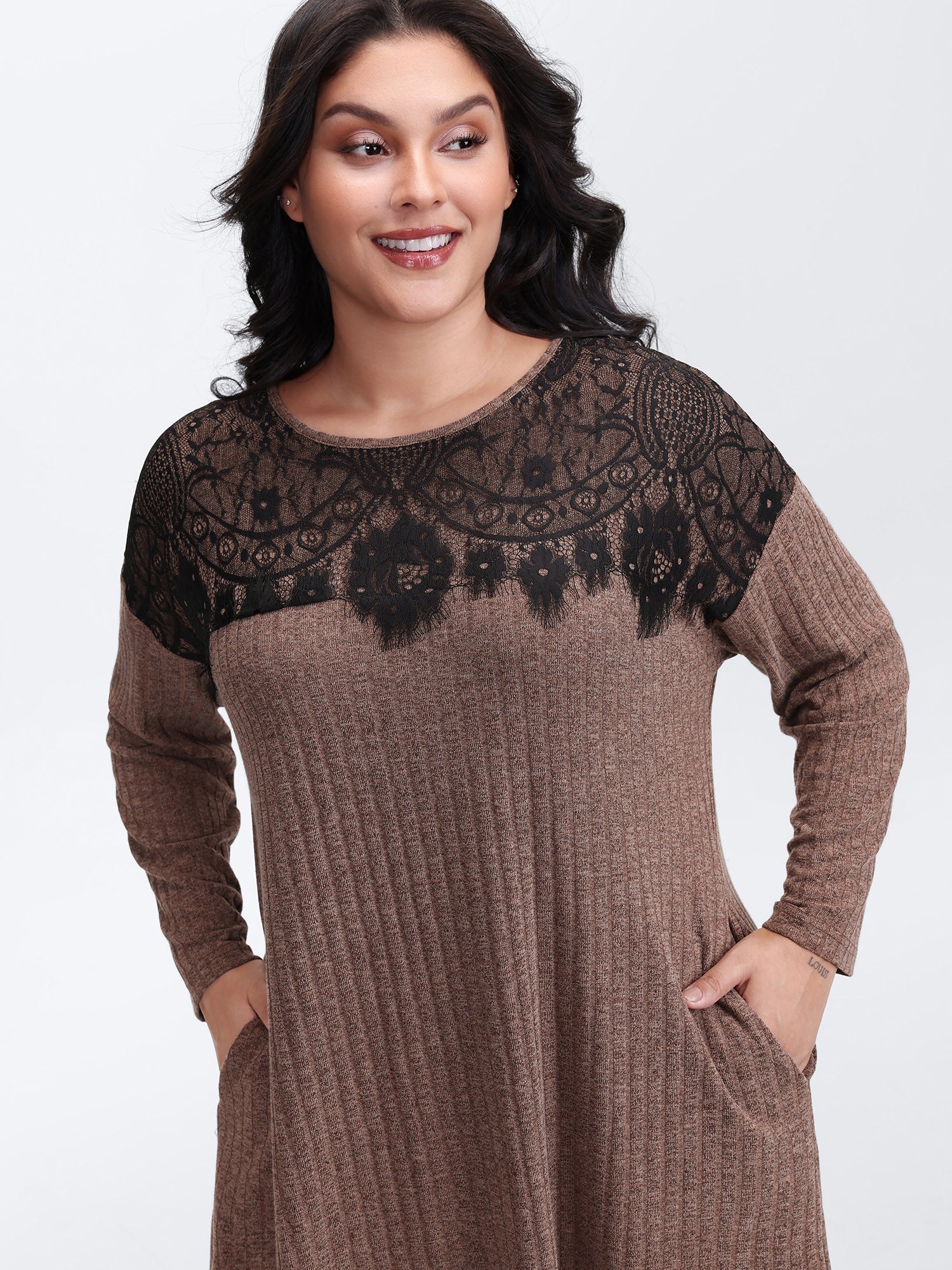 Heather Lace Ribbed Pockets Midi Dress