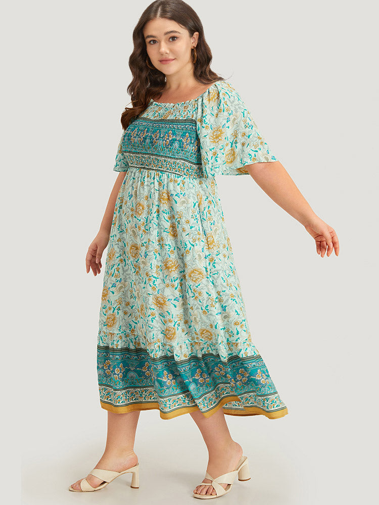 Floral Print Shirred Square Neck Dress