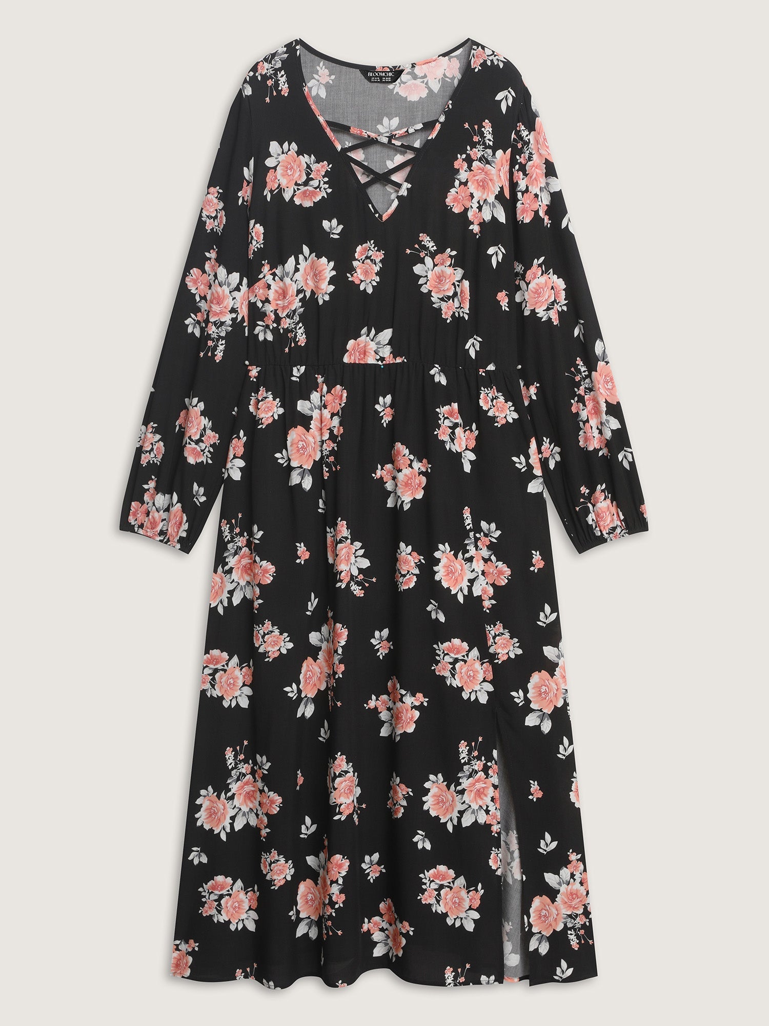 Floral Print Cut-Out Neck Slit Maxi Dress