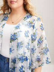 Textured Printed Puff Sleeve Kimono Cardigan