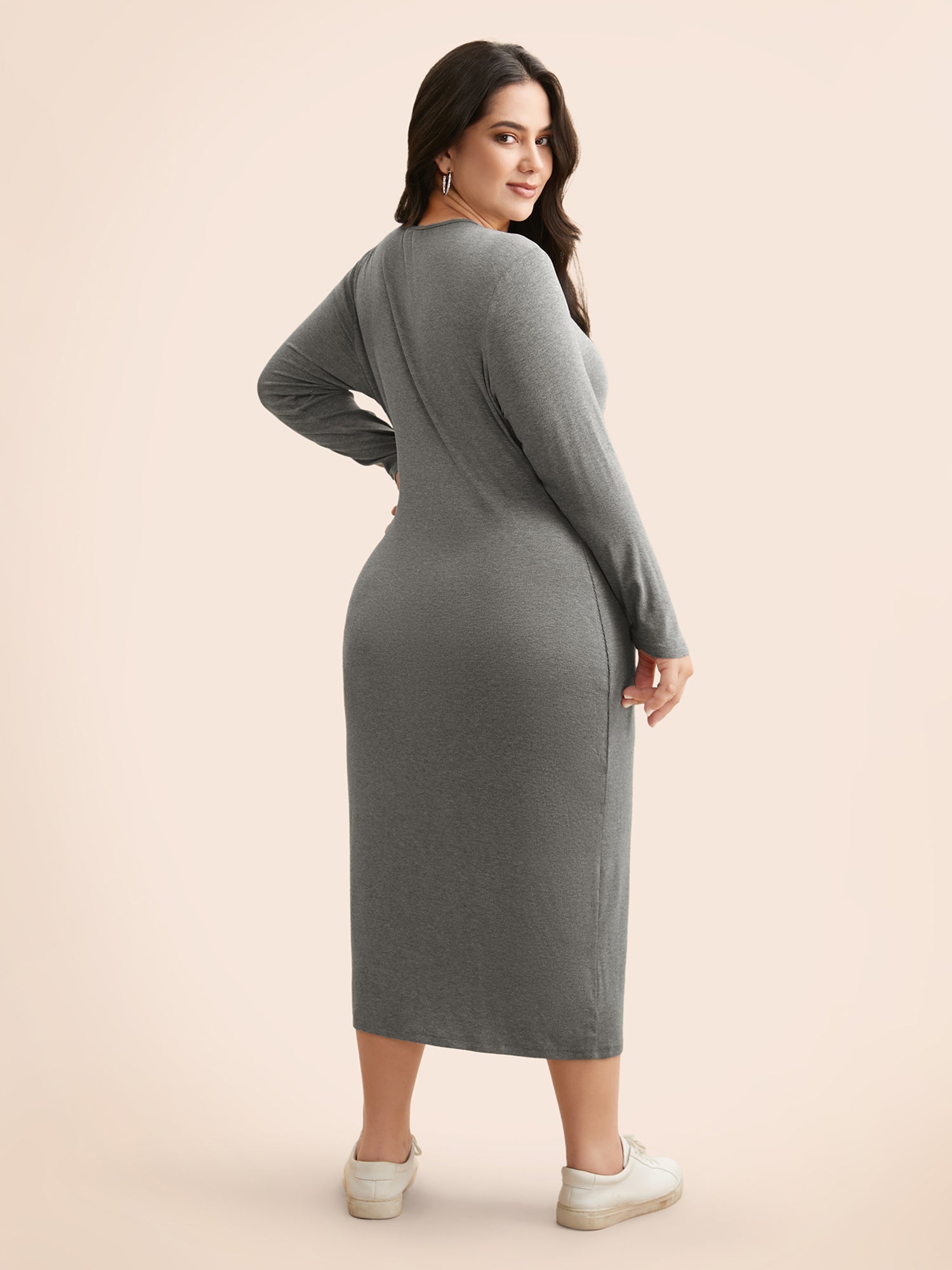 Solid Knit Zipper Midi Dress