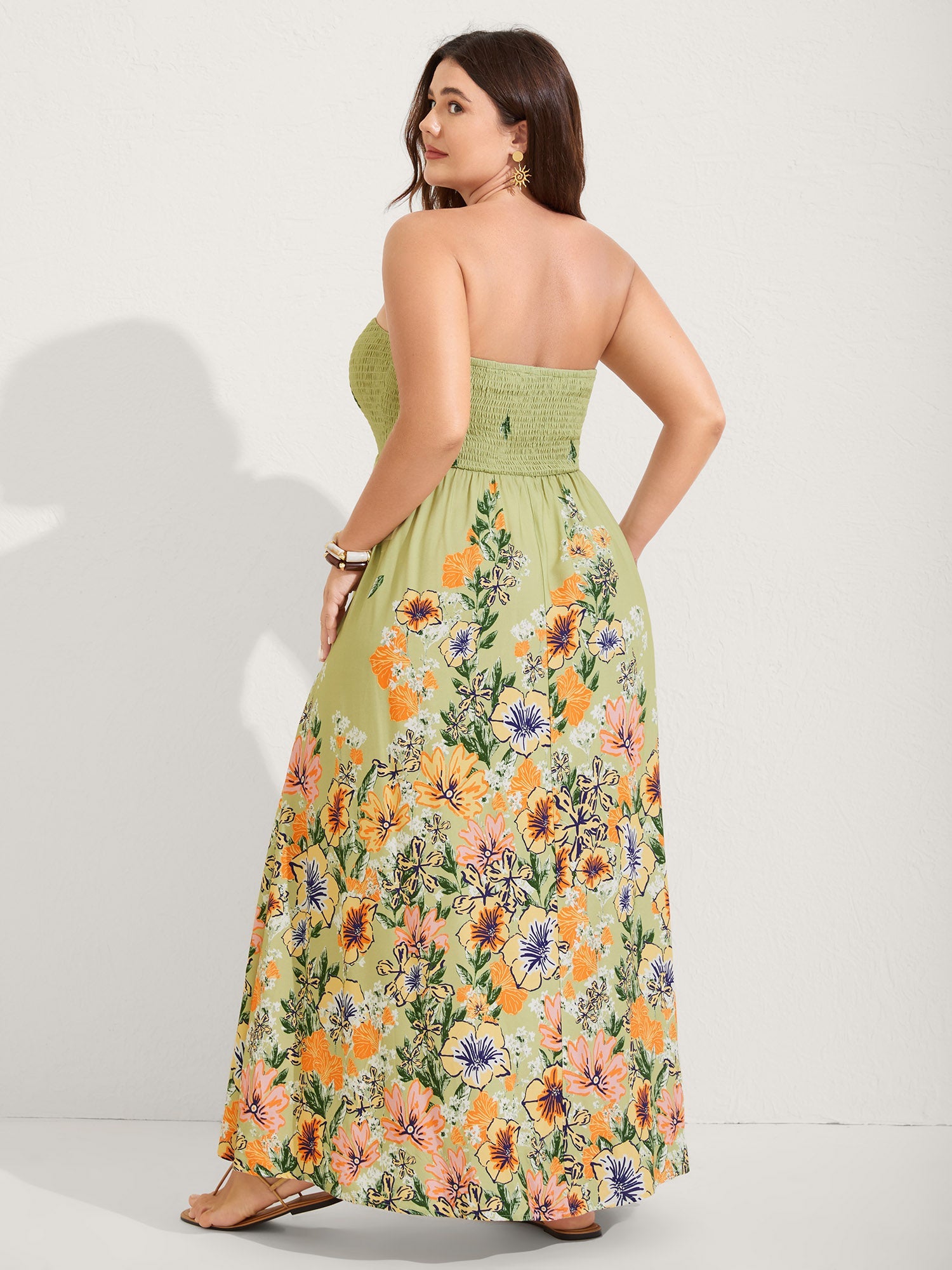 Shirred Off-Sleeve Floral Print Maxi Dress
