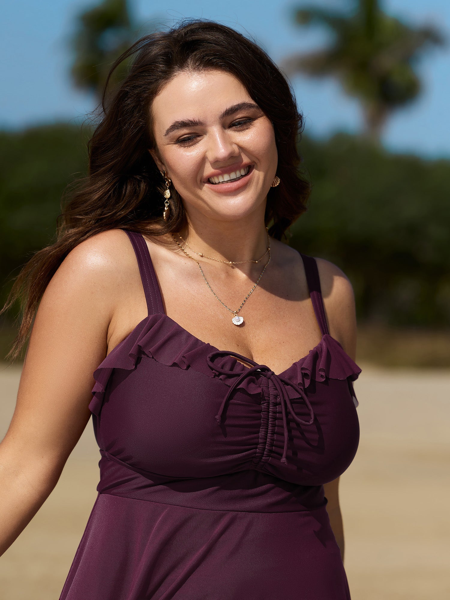 Sheer Ruffled Channel Drawstring Swim Dress