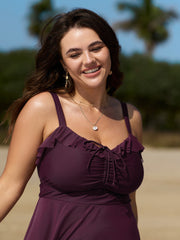 Sheer Ruffled Channel Drawstring Swim Dress