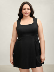 Stretchy Pockets Cinched-Waist Flared Midi Dress