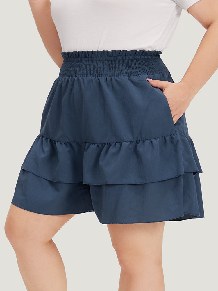 Solid Paperbag Waist Shirred Layered Hem Shorts