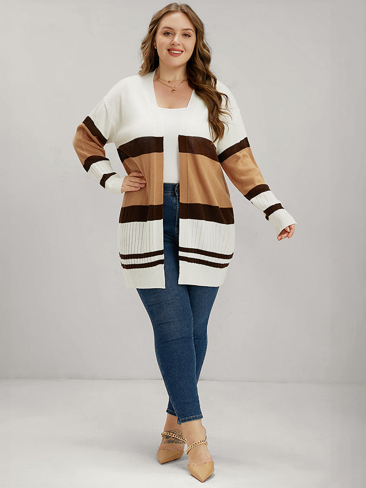 Colorblock Contrast Pointelle Knit Eyelet Open Front Cardigan