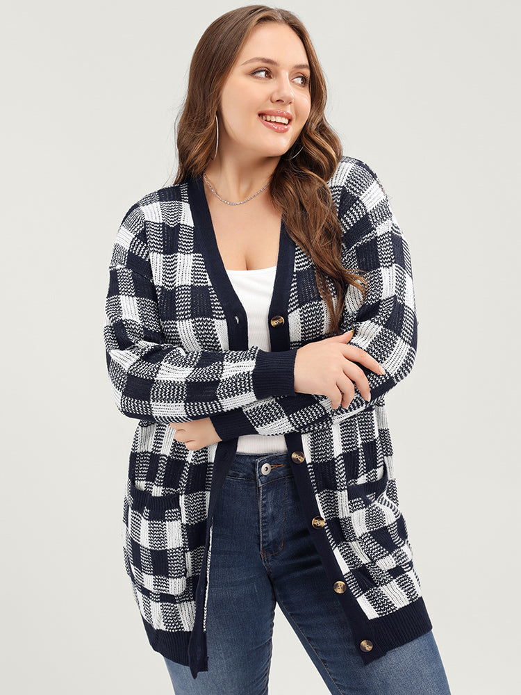 Plaid Pointelle Knit Pocket Button Front Cardigan