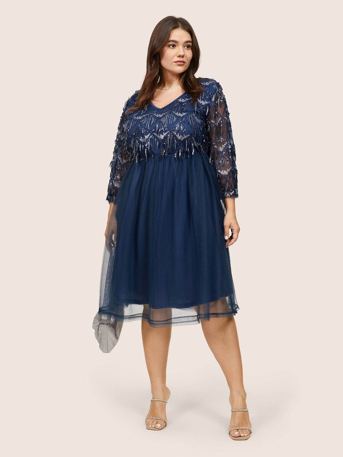 Sequin Tassels Plisse Patchwork Mesh Knee Dress