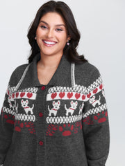 Animal Print Jacquard Polo Collar Knit Cardigan