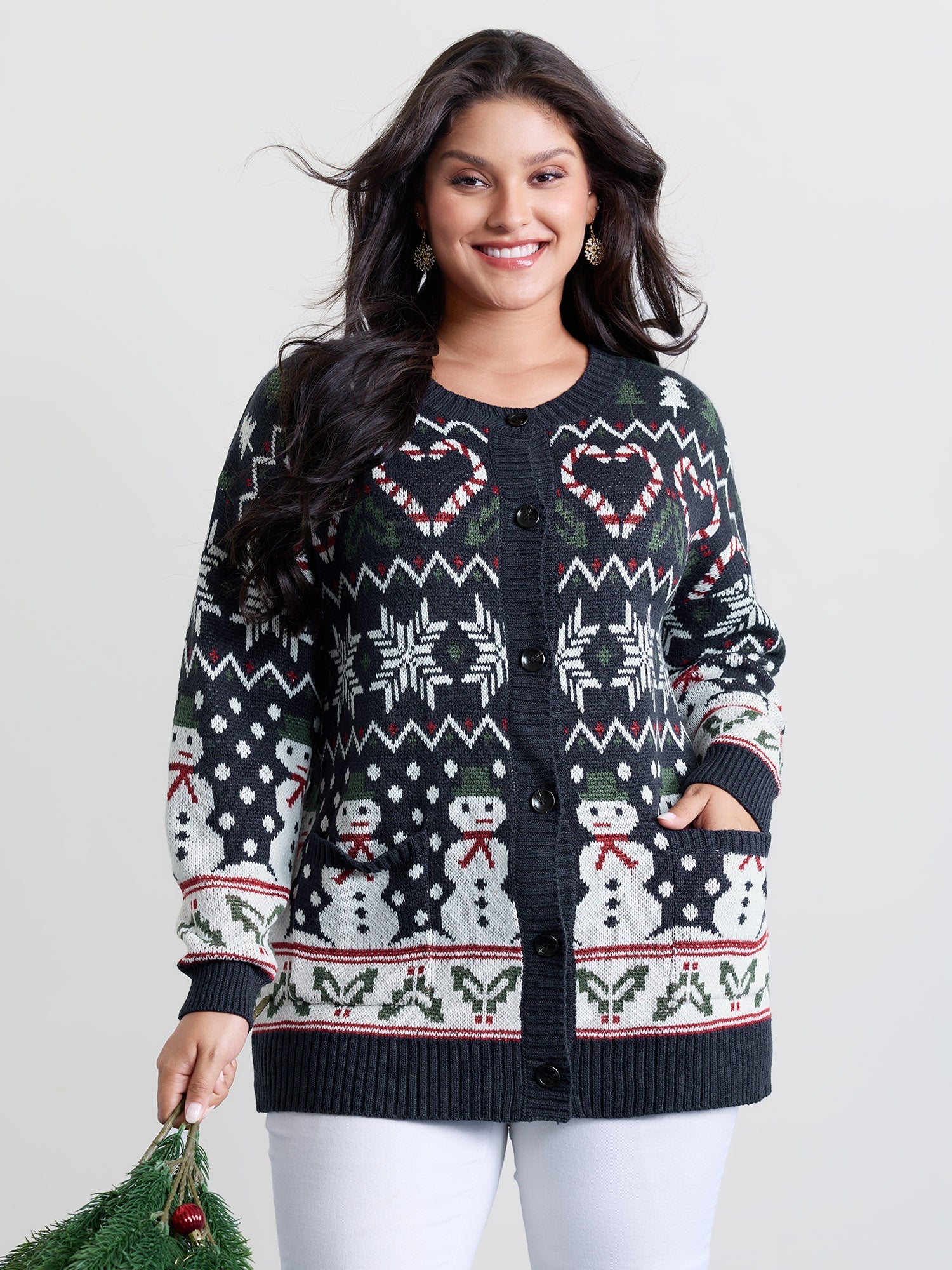 Snowman Holiday Jacquard Pockets Knit Cardigan