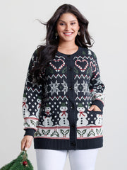Snowman Holiday Jacquard Pockets Knit Cardigan