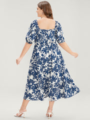 Floral Print Pocket Puff Sleeve Ruched Pocket Ruffle Hem Dress