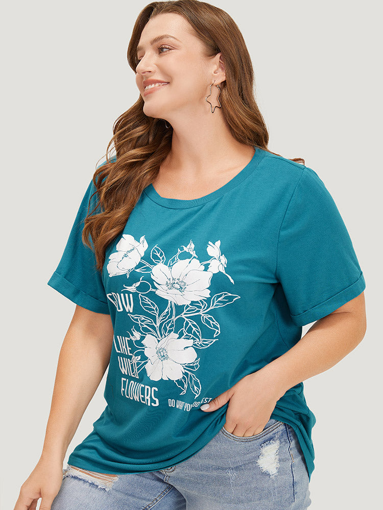 Floral & Letter Roll Sleeve T-shirt