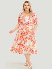 Floral Puff Sleeve Pocket Square Neck Shirred Dress