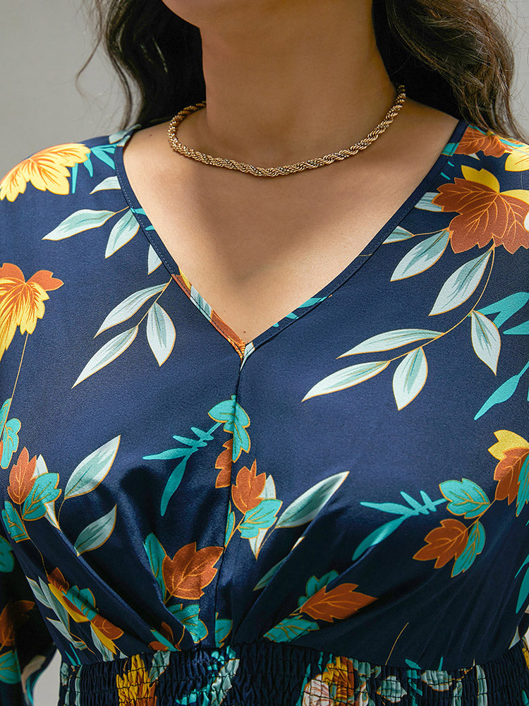 Floral Print Shirred Lantern Sleeve Dress