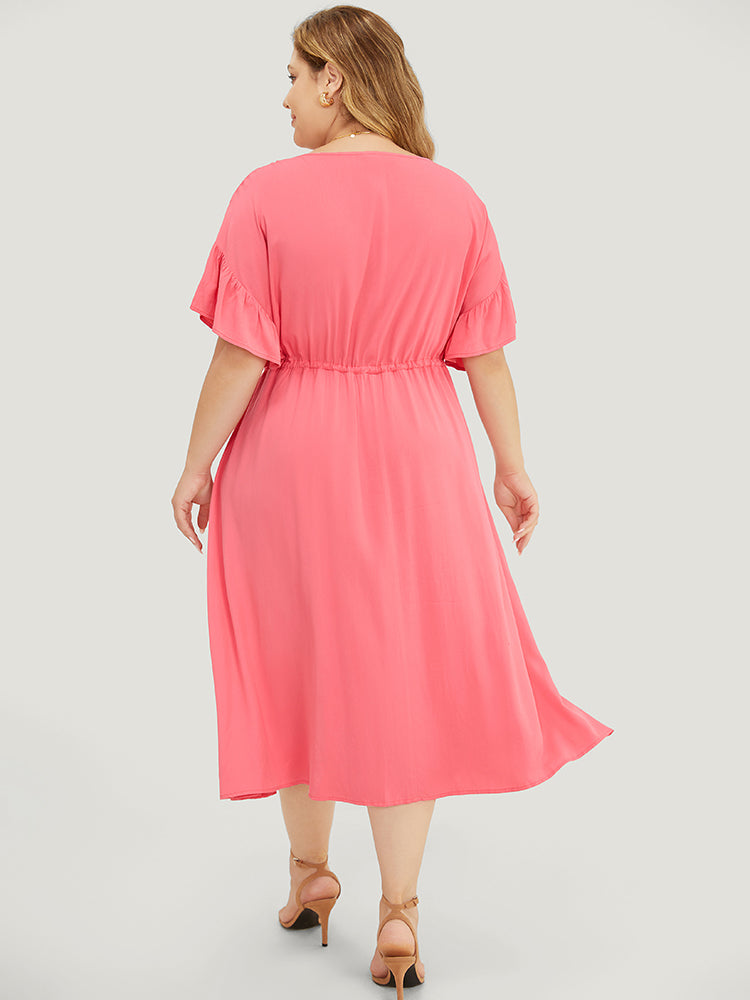 Solid Flutter Sleeve Button Detail Pocket Drawstring Dress