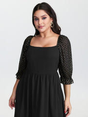 Sheer Sleeve Shirred Stretchy Waist Midi Dress