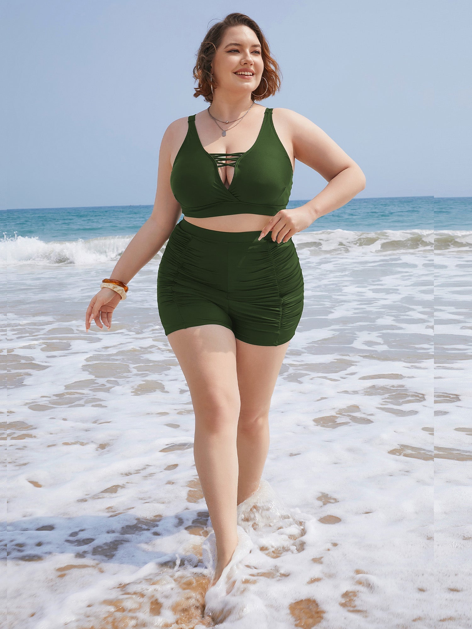 Solid High Waist Ruched Detail Swim Shorts