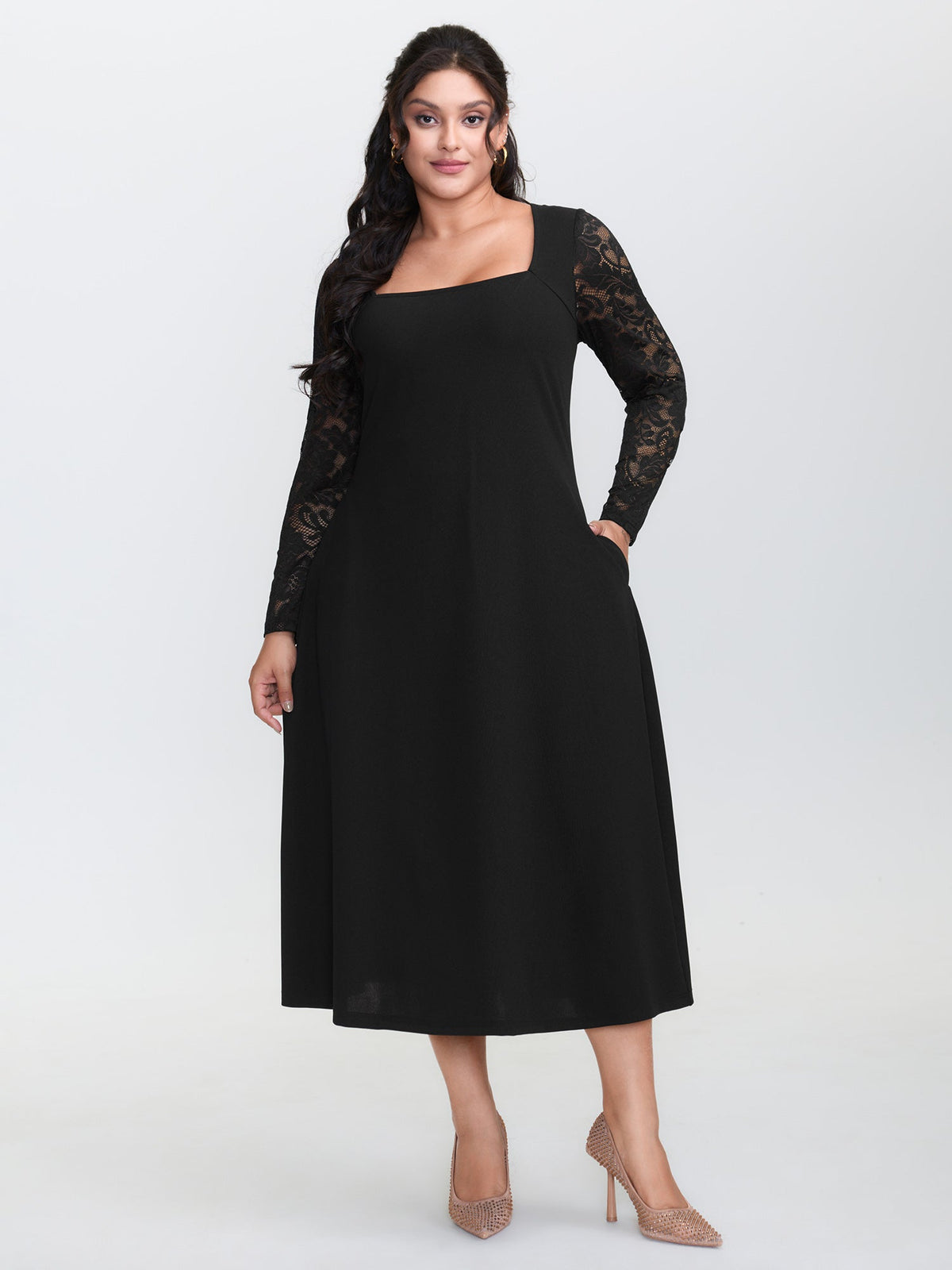 Sheer Floral Lace Fitted Midi Dress