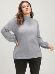 Solid Pointelle Knit Lantern Sleeve Mock Neck Heather Knit Top