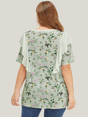 Floral Patchwork Round Neck Striped Ruffle Trim T-shirt