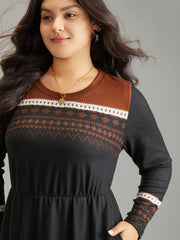 Boho Geometric Print Contrast Elastic Waist Dress