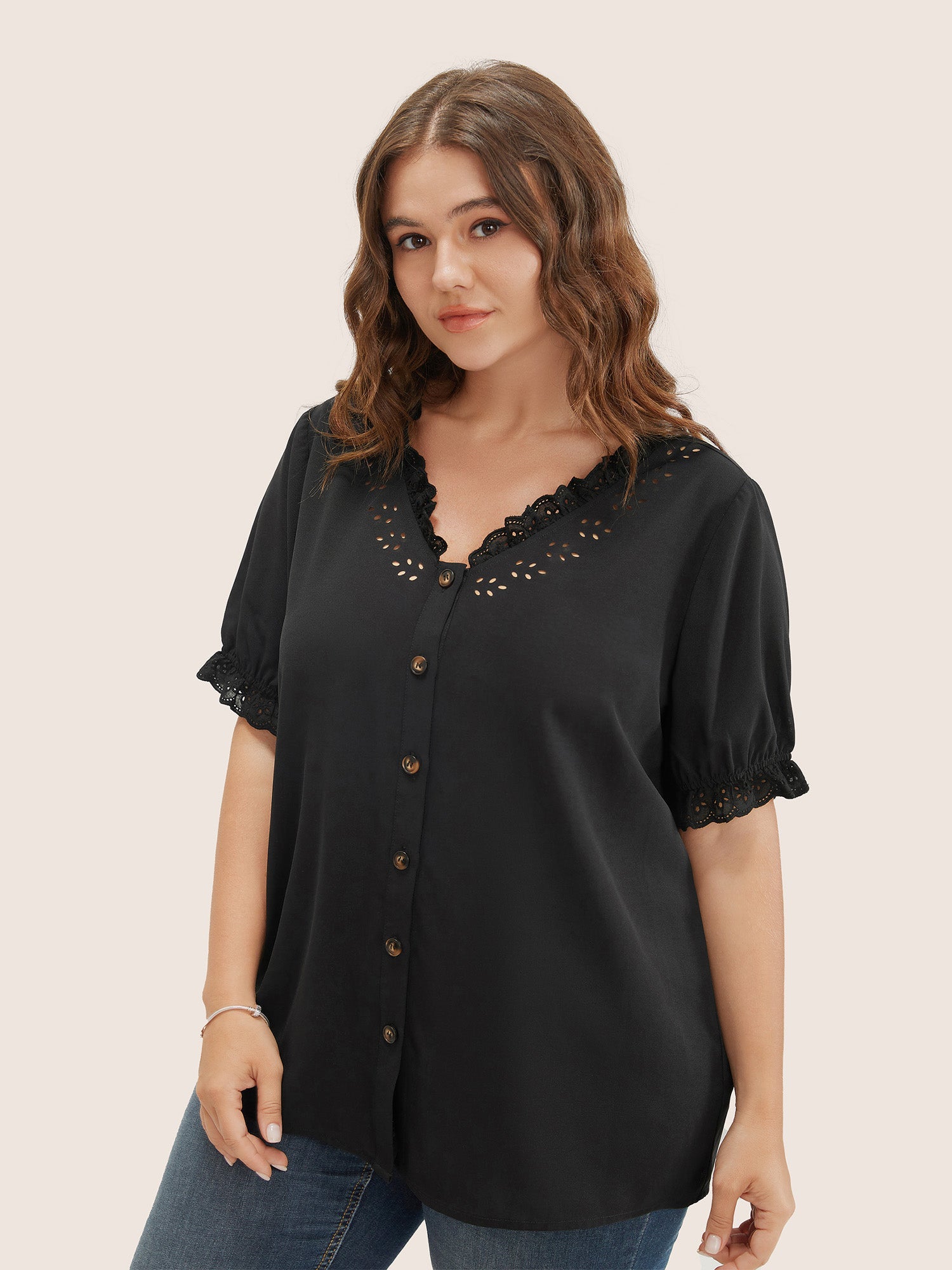 Solid Lace Trim Button Up Laser Cut Puff Sleeve Blouse