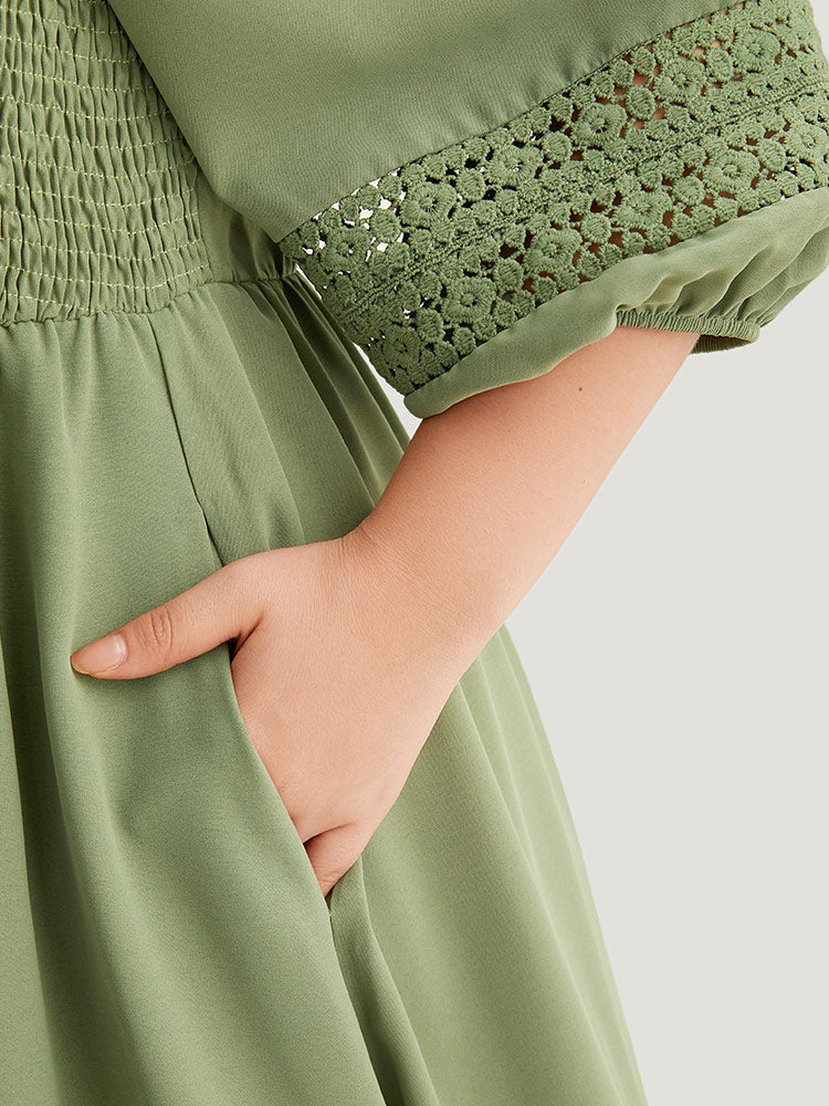 Solid Shirred Square Neck Guipure Lace Dress