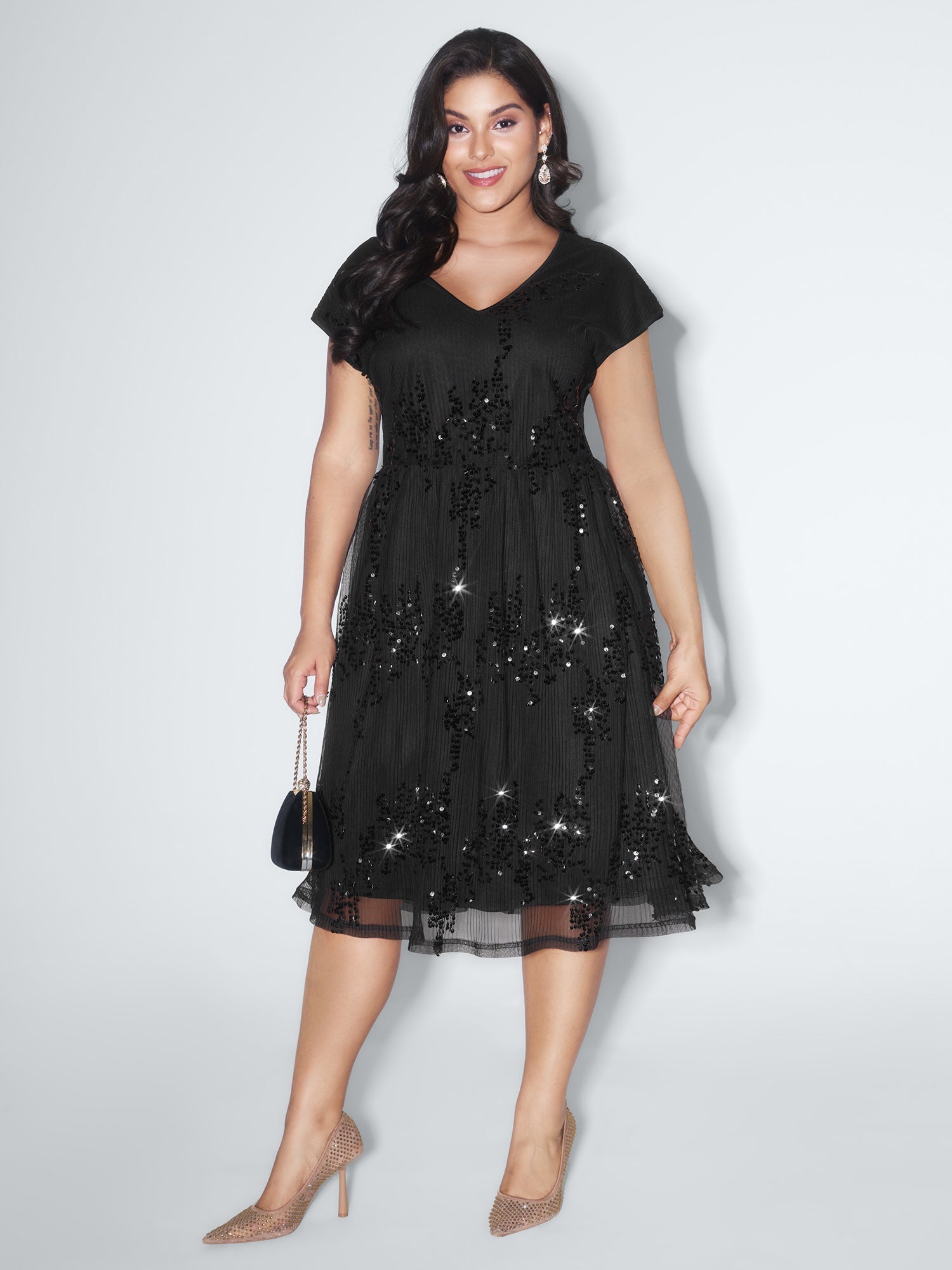 Sequin Embellished V-Neck Midi Dress