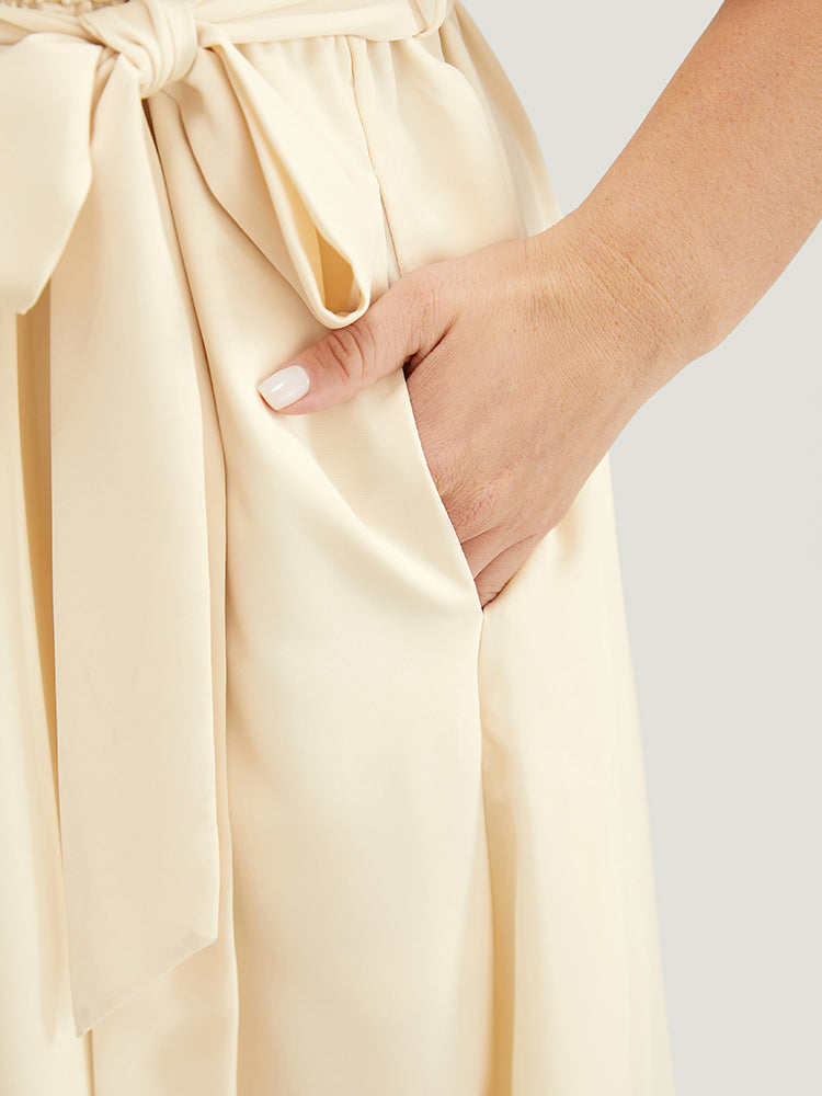 Solid Chain Detail Cut Out Pocket Belted Flutter Dress