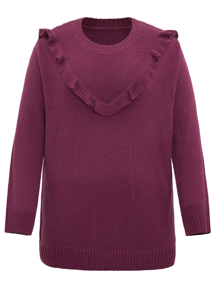 Solid Flutter Trim Plisse Loose Pullover