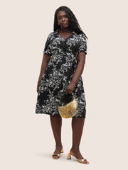 Silhouette Floral Print Ties Lapel Collar Dress