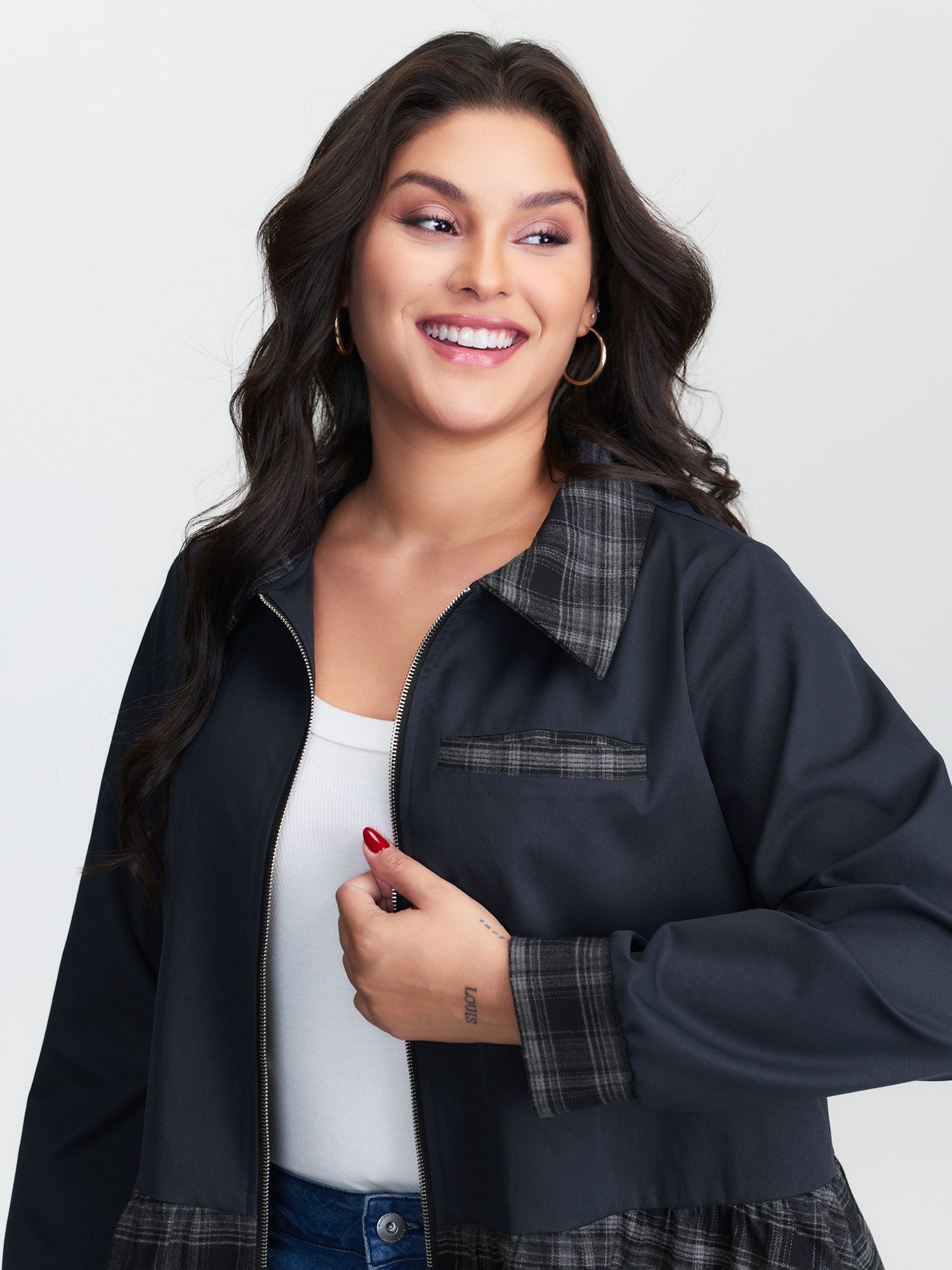 Checkered Zipper Front Pockets Jacket