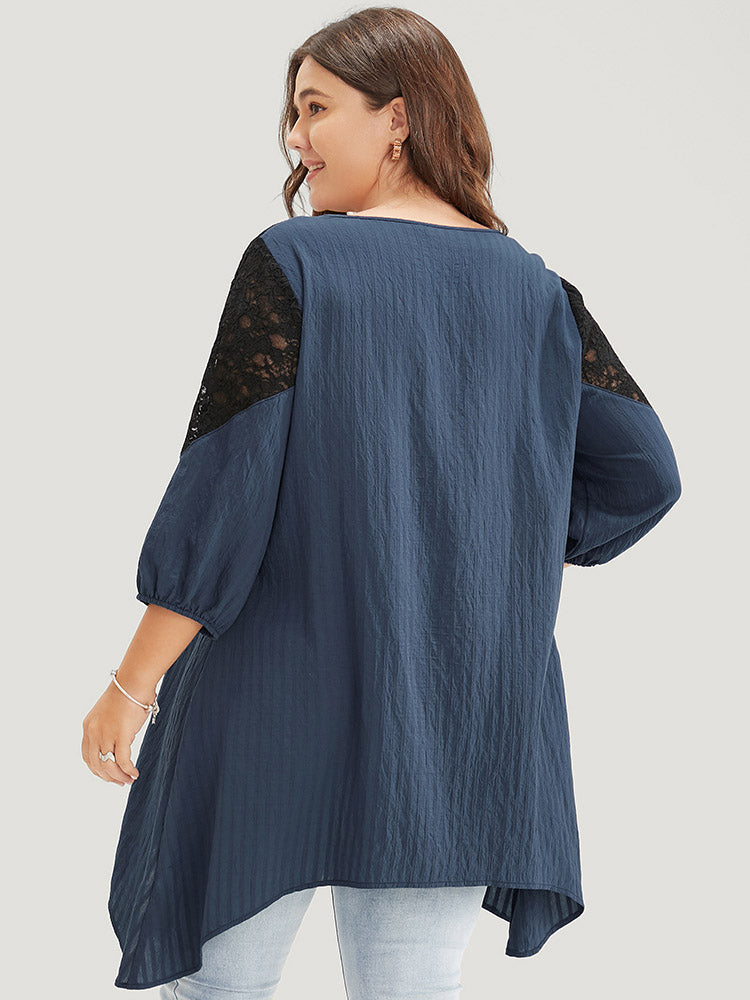 Plain Contrast Lace Asymmetrical Lantern Sleeve Blouse