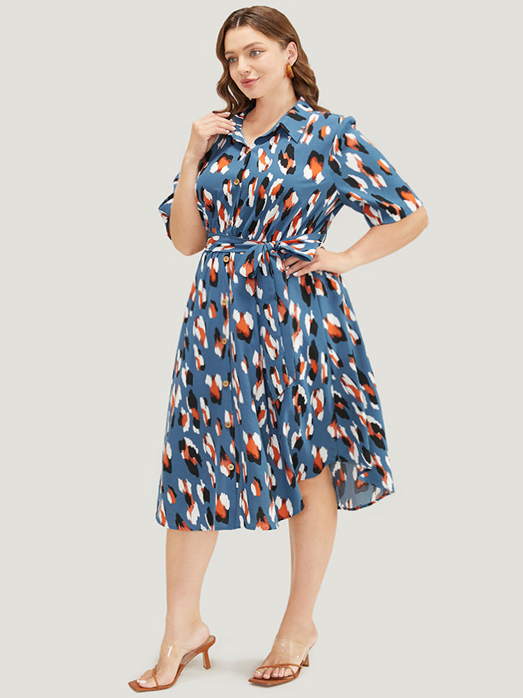 Allover Print Button Detail Pocket Belted Arc Hem Dress
