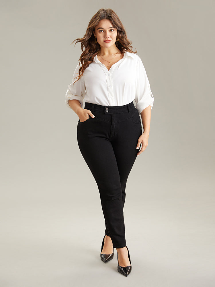 Plain Black Wash Button Through Jeans