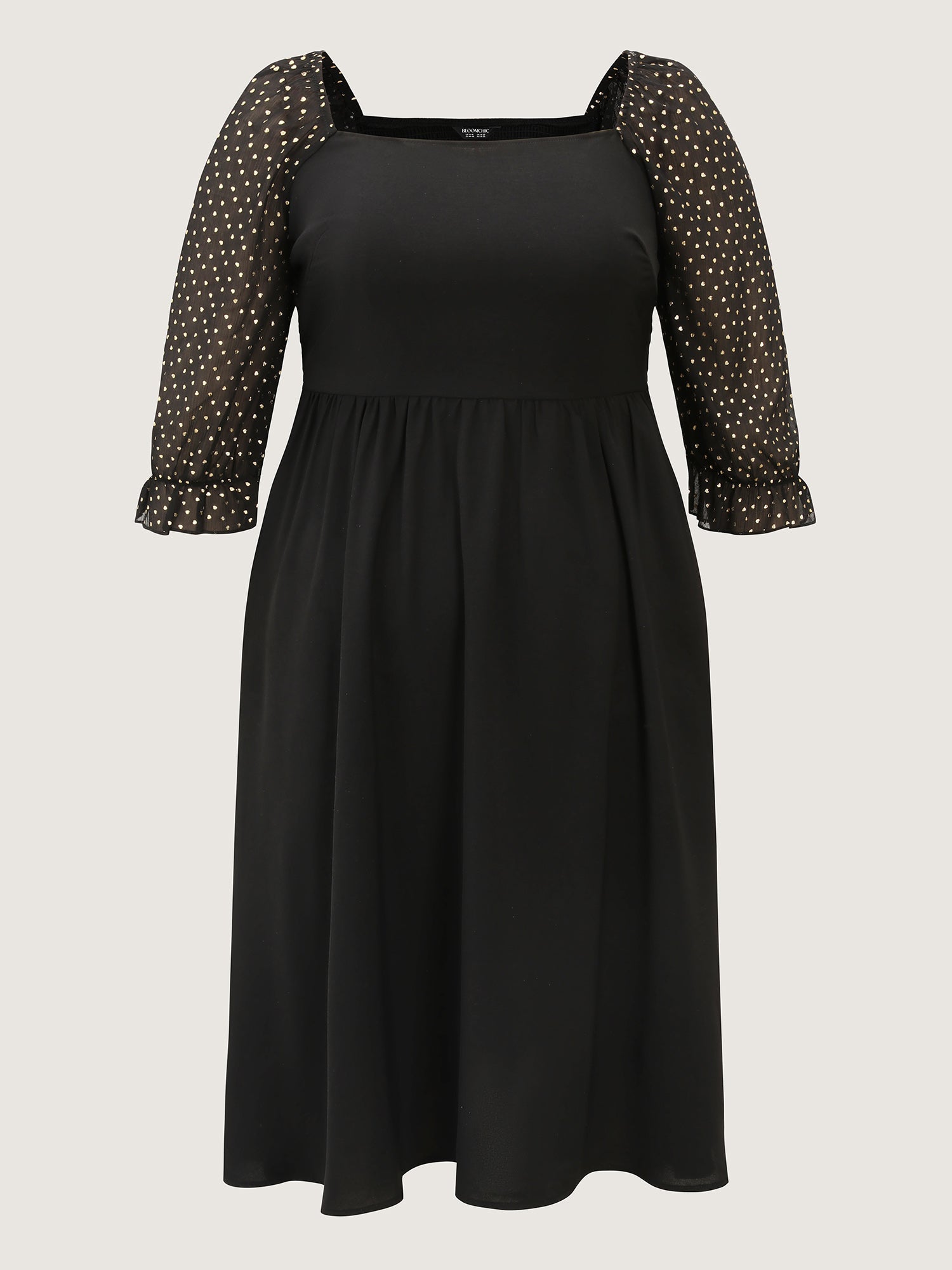 Sheer Sleeve Shirred Stretchy Waist Midi Dress