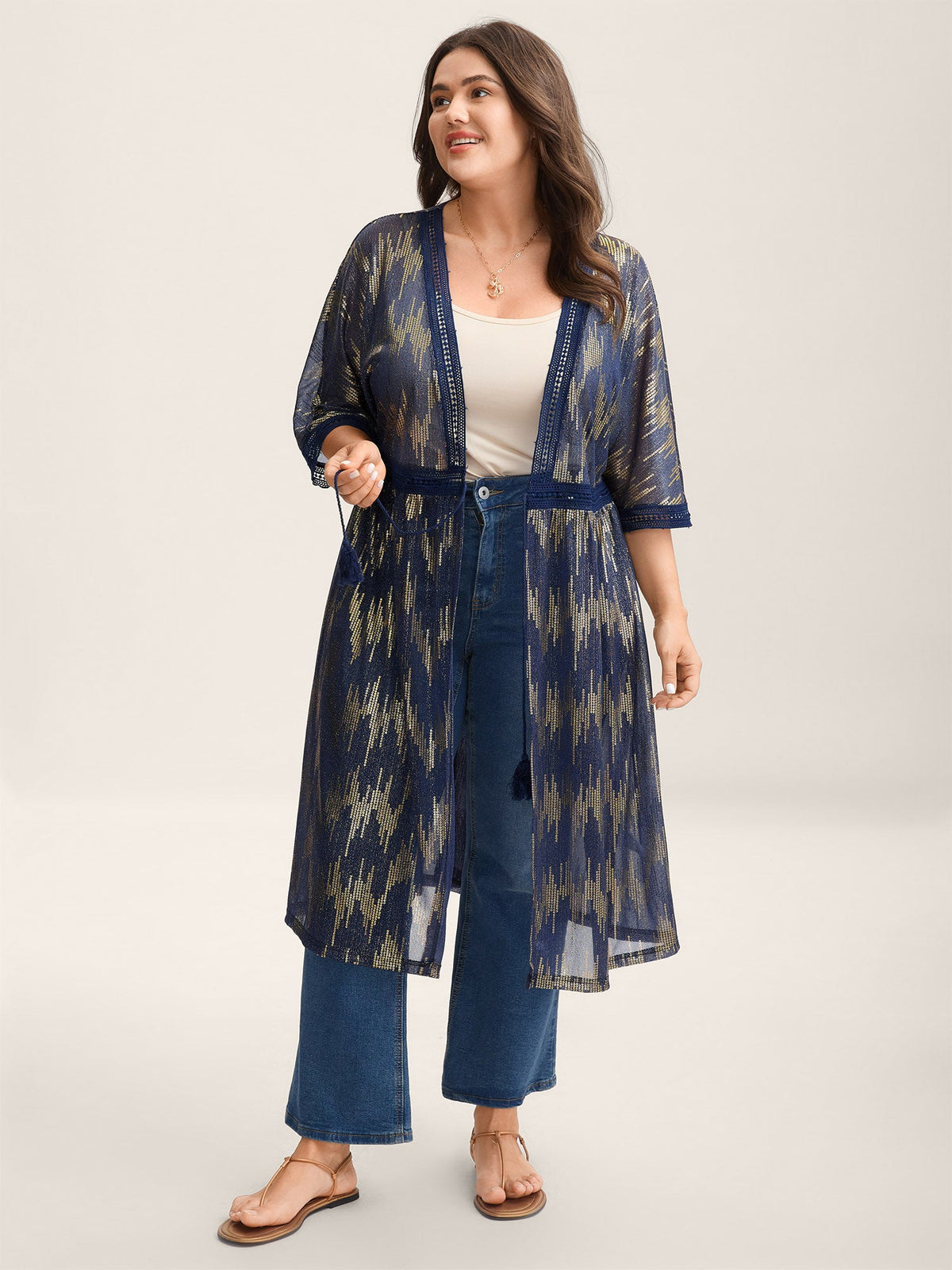 Glitter Tassels Webbed Open Front Kimono