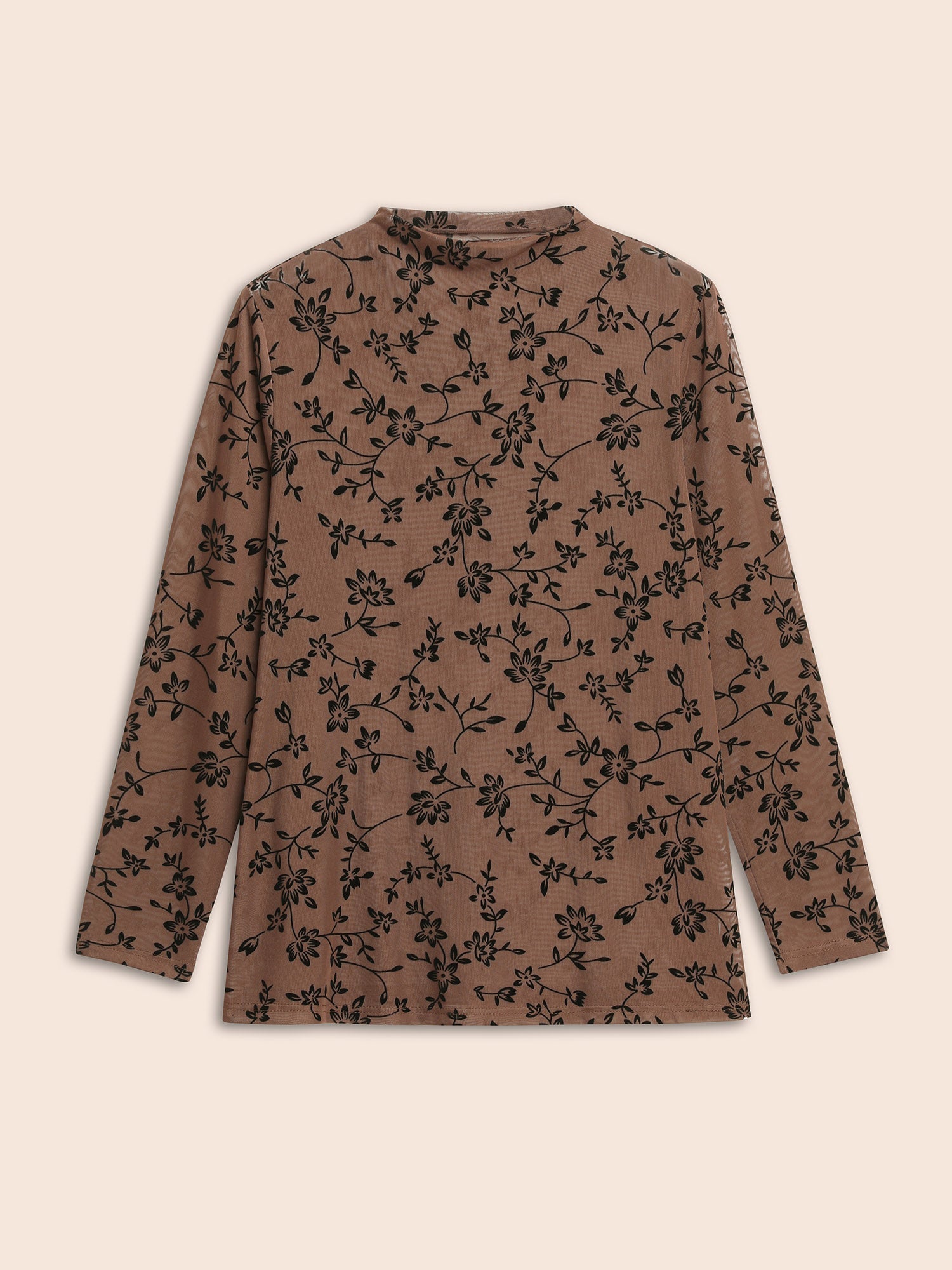 Floral Flocking Mesh Mock Neck T-shirt