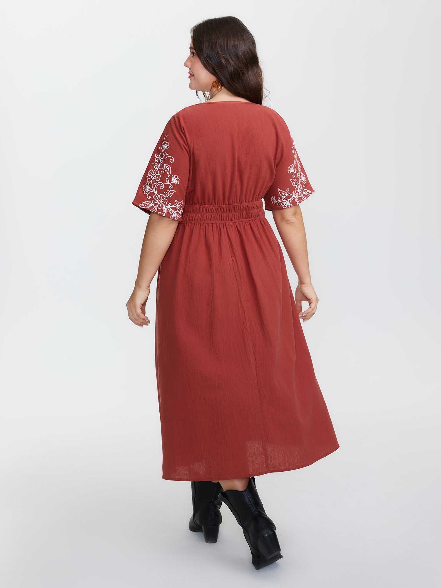 Shirred Waist Embroidered Midi Dress