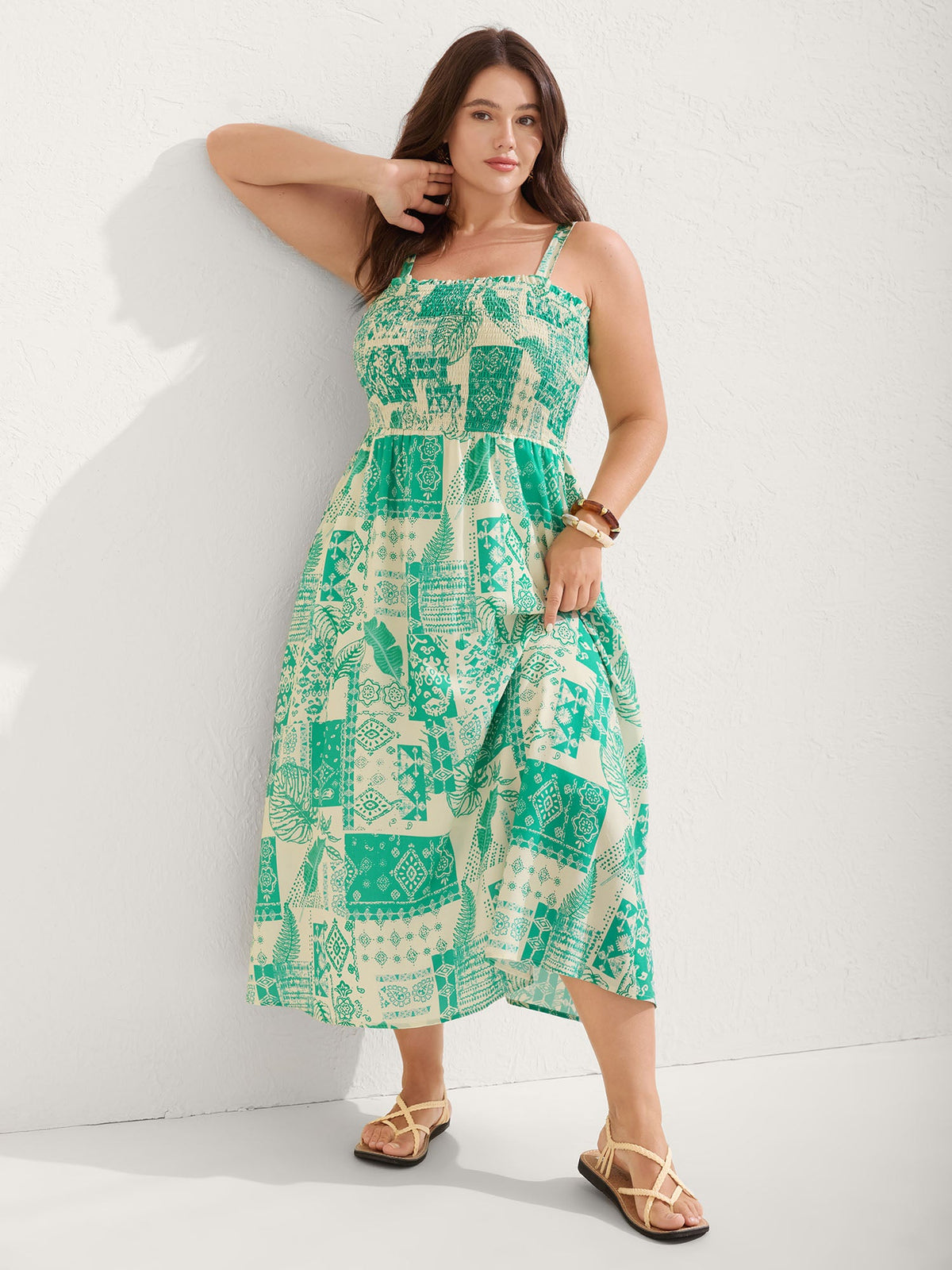Shirred Bodice Holiday Print Midi Dress